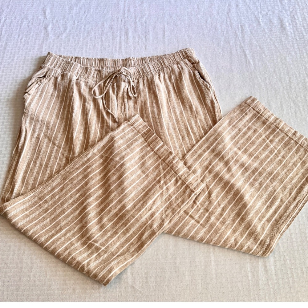 Briggs Linen Blend Wide Leg Striped Pants Tan White XXL Drawstring Elastic Waist